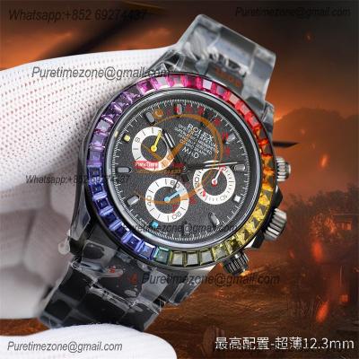 Daytona Blaken A7750 Automatic Chrono Mens Watch Best Edition BLAKENF Rainbow Diamond Bezel PVD Steel All Black Dial CHS