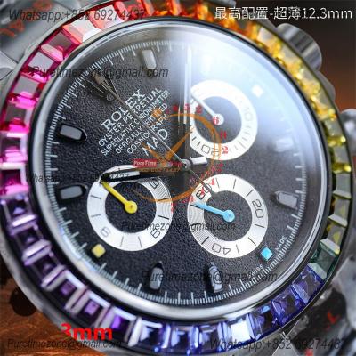 Daytona Blaken A7750 Automatic Chrono Mens Watch Best Edition BLAKENF Rainbow Diamond Bezel PVD Steel All Black Dial CHS