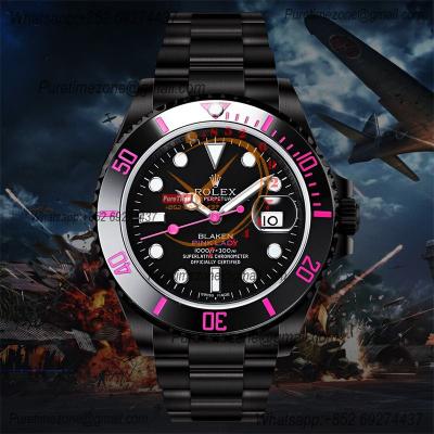 Submariner BLAKEN A3135  Automatic Mens Watch Best Edition BLAKENF 40 PVD Steel All Black Pink Dial Oyster SS Bracelet