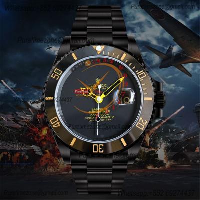 Submariner BLAKEN A3135 Automatic Mens Watch Best Edition BLAKENF 40 PVD Steel All Black Yellow Dial Oyster SS Bracelet 