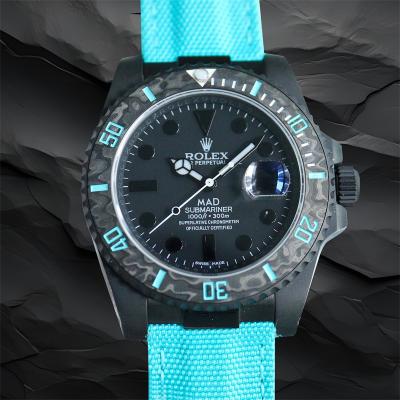 Submariner BLAKEN Forged Carbon  A3135 Automatic Mens Watch Best Edition BLAKENF 40 All Black Dial Blue Nylon Strap CHS