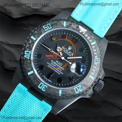 Submariner BLAKEN Forged Carbon  A3135 Automatic Mens Watch Best Edition BLAKENF 40 All Black Dial Blue Nylon Strap CHS