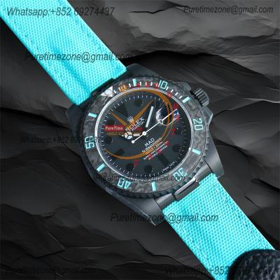 Submariner BLAKEN Forged Carbon  A3135 Automatic Mens Watch Best Edition BLAKENF 40 All Black Dial Blue Nylon Strap CHS