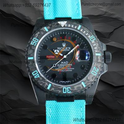 Submariner BLAKEN Forged Carbon  A3135 Automatic Mens Watch Best Edition BLAKENF 40 All Black Dial Blue Nylon Strap CHS