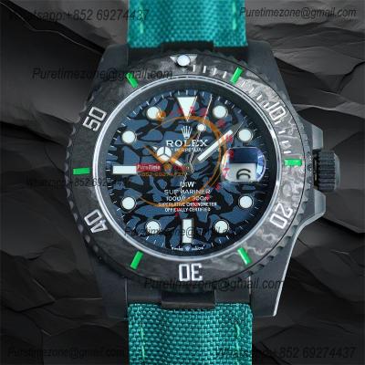 Submariner BLAKEN Forged Carbon  A3135 Automatic Mens Watch Best Edition BLAKENF 40 All Black Dial Green Nylon Strap CHS