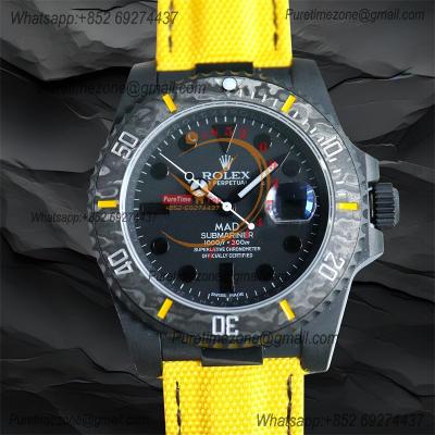 Submariner BLAKEN Forged Carbon  A3135 Automatic Mens Watch Best Edition BLAKENF 40 All Black Dial Yellow Nylon Strap CH