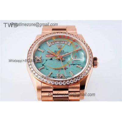 DayDate 36 128345 A2836 Automatic Womens Watch Best Edition TWSF RG Diamonds Bezel Turquoise Dial President Bracelet CHS