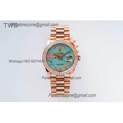 DayDate 36 128345 A2836 Automatic Womens Watch Best Edition TWSF RG Diamonds Bezel Turquoise Dial President Bracelet CHS