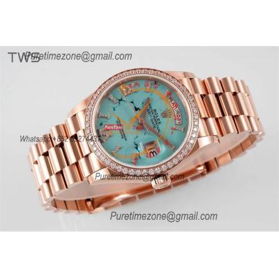 DayDate 36 128345 A2836 Automatic Womens Watch Best Edition TWSF RG Diamonds Bezel Turquoise Dial President Bracelet CHS