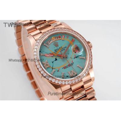 DayDate 36 128345 A2836 Automatic Womens Watch Best Edition TWSF RG Diamonds Bezel Turquoise Dial President Bracelet CHS