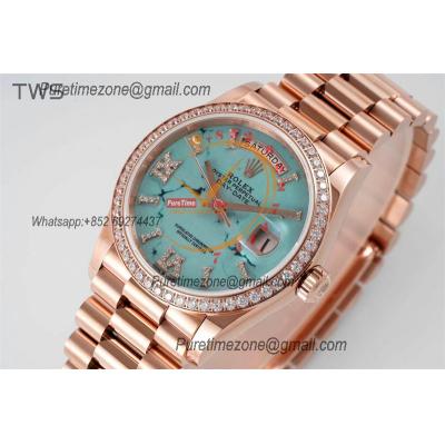 DayDate 36 128345 A2836 Automatic Womens Watch Best Edition TWSF RG Diamonds Bezel Turquoise Dial President Bracelet CHS