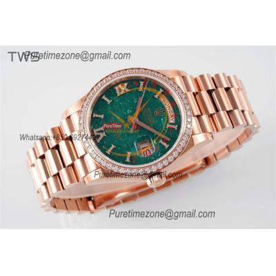 DayDate 36 128345 A2836 Auto Womens Watch Best Edition TWSF RG Diamonds Bezel Green Aventurine Dial President Bracelet