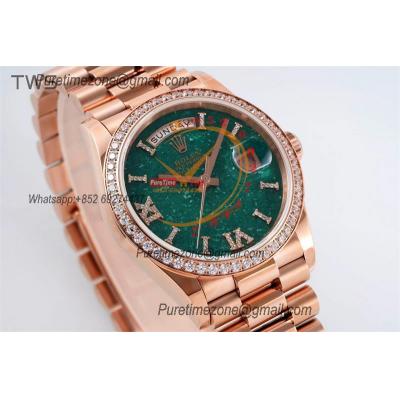 DayDate 36 128345 A2836 Auto Womens Watch Best Edition TWSF RG Diamonds Bezel Green Aventurine Dial President Bracelet