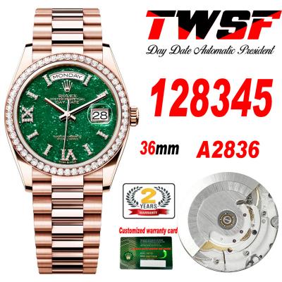 DayDate 36 128345 A2836 Auto Womens Watch Best Edition TWSF RG Diamonds Bezel Green Aventurine Dial President Bracelet