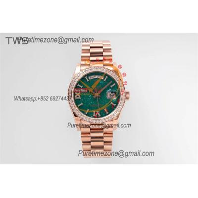 DayDate 36 128345 A2836 Auto Womens Watch Best Edition TWSF RG Diamonds Bezel Green Aventurine Dial President Bracelet