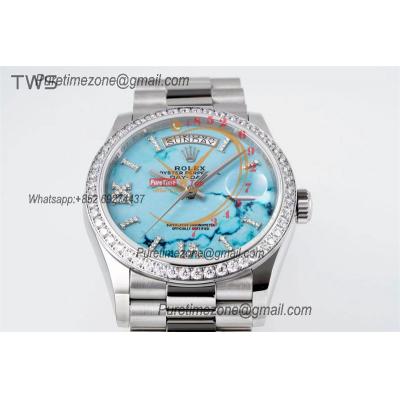 DayDate 36 128349 A2836 Automatic Womens Watch Best Edition TWSF Diamonds Bezel Turquoise Dial President Bracelet CHS