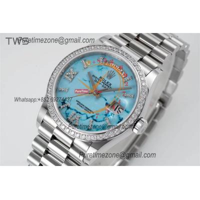 DayDate 36 128349 A2836 Automatic Womens Watch Best Edition TWSF Diamonds Bezel Turquoise Dial President Bracelet CHS