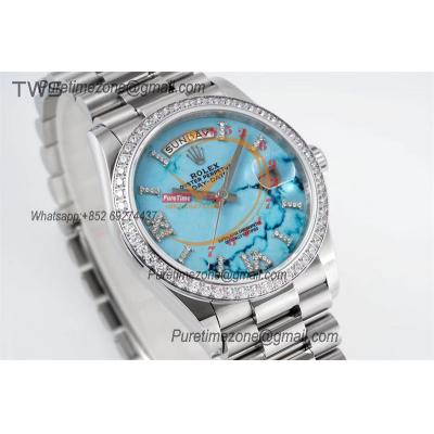 DayDate 36 128349 A2836 Automatic Womens Watch Best Edition TWSF Diamonds Bezel Turquoise Dial President Bracelet CHS