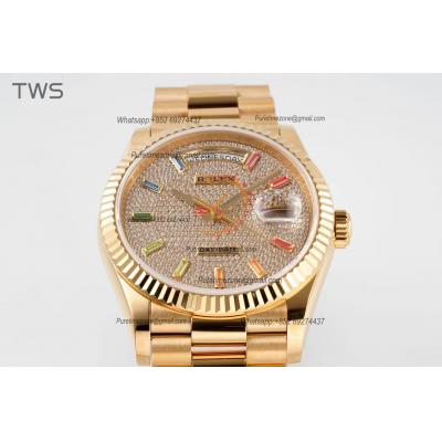 DayDate 36 128238 A2836 Automatic Womens Watch Best Edition TWSF YG Pave Rainbow Diamond Dial President Bracelet CHS