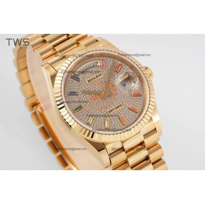 DayDate 36 128238 A2836 Automatic Womens Watch Best Edition TWSF YG Pave Rainbow Diamond Dial President Bracelet CHS