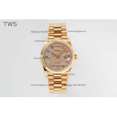 DayDate 36 128238 A2836 Automatic Womens Watch Best Edition TWSF YG Pave Rainbow Diamond Dial President Bracelet CHS