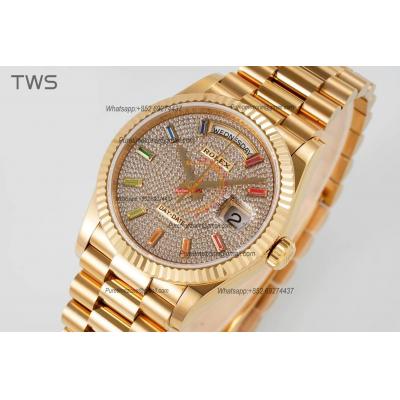 DayDate 36 128238 A2836 Automatic Womens Watch Best Edition TWSF YG Pave Rainbow Diamond Dial President Bracelet CHS