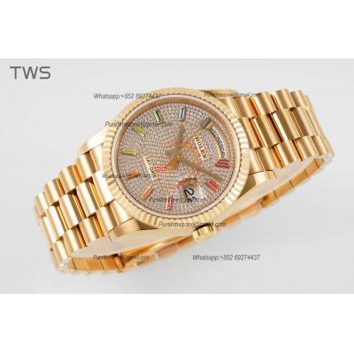 DayDate 36 128238 A2836 Automatic Womens Watch Best Edition TWSF YG Pave Rainbow Diamond Dial President Bracelet CHS