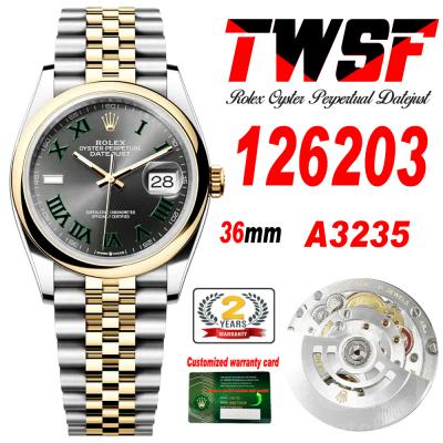 Datejust 36 126203 A3235 Auto Mens Watch Best Edition TWSF Two Tone YG Slate Grey Wimbledon Roman Dial Jibilee Bracelet