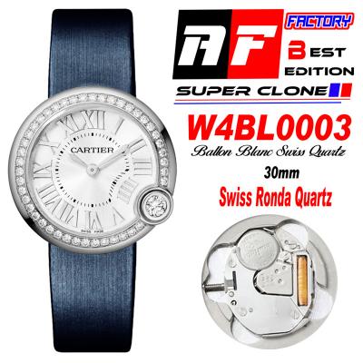 Ballon Blanc W4BL0003 30mm Ronda Quartz Womens Watch Best Edition AF Silver Dial Diamonds Bezel Blue Fabric Strap