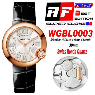 Ballon Blanc BWGBL0003 30mm Ronda Quartz Womens Watch Best Edition AF RG Silver Dial Black Leather Strap Ladies