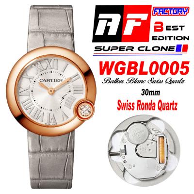 Ballon Blanc WGBL0005 30mm Ronda Quartz Womens Watch Best Edition AF RG Silver Dial Gray Leather Strap Ladies