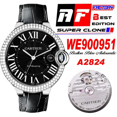 Ballon Bleu WE900951 42mm A2824 Automatic Mens Watch Best Edition AF Diamonds Bezel Black Dial Leather Strap