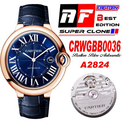 Ballon Bleu WGBB0036 42mm A2824 Automatic Mens Watch Best Edition AF Rose Gold Blue Dial Leather Strap