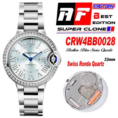 Ballon Bleu W4BB0028 Ronda Quartz Womens Watch Best Edition AF 33mm Diamond Bezel Ice Blue Dial SS Bracelet