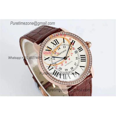 Ronde Solo W6701009 M9015 Automatic Mens Watch Best Edition AF 42mm RG Diamond Bezel White Dial Brown Leather