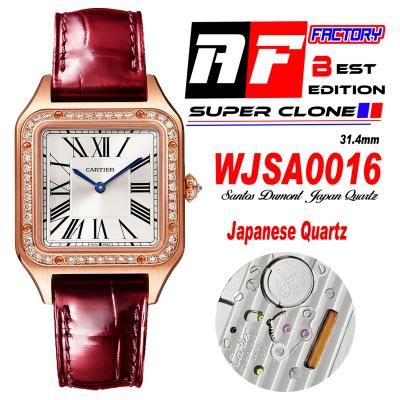 Santos Dumont WJSA0016 31.4mm Japan Quartz Womens Watch Best Edition AF RG Diamond Bezel  Silver Dial Red Leather