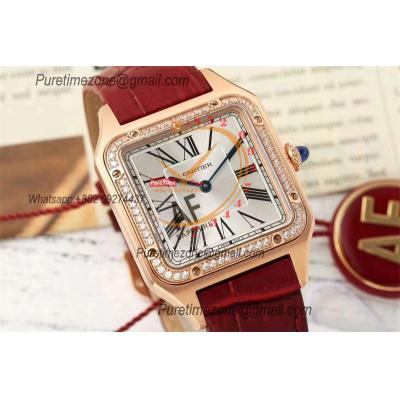 Santos Dumont WJSA0016 31.4mm Japan Quartz Womens Watch Best Edition AF RG Diamond Bezel  Silver Dial Red Leather