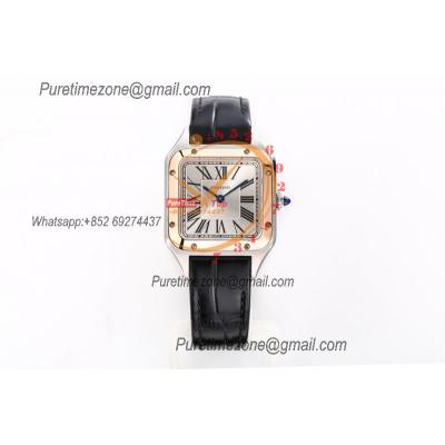 Santos Dumont W2SA0012 27.5mm Japan Quartz Womens Watch Best Edition AF Two Tone RG Silver Dial Black Leather