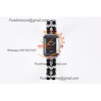 Premiere H0451 Swiss Quartz Womens Watch Best Edition BVF Steel Case Black Dial Interwoven Leahter Strap Ladies