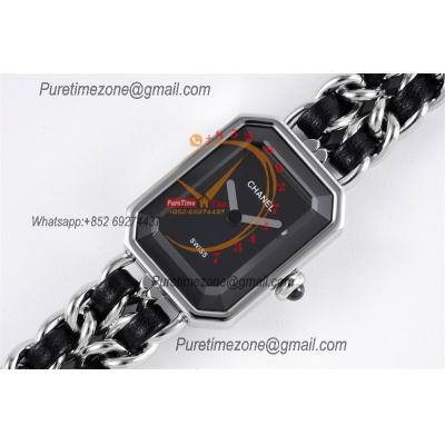 Premiere H0451 Swiss Quartz Womens Watch Best Edition BVF Steel Case Black Dial Interwoven Leahter Strap Ladies