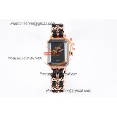 Premiere H0451 Swiss Quartz Womens Watch Best Edition BVF Rose Gold Black Dial Interwoven Leahter Strap Ladies