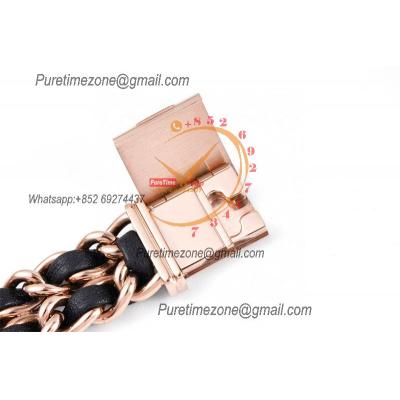 Premiere H0451 Swiss Quartz Womens Watch Best Edition BVF Rose Gold Black Dial Interwoven Leahter Strap Ladies