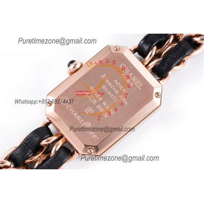 Premiere H0451 Swiss Quartz Womens Watch Best Edition BVF Rose Gold Black Dial Interwoven Leahter Strap Ladies