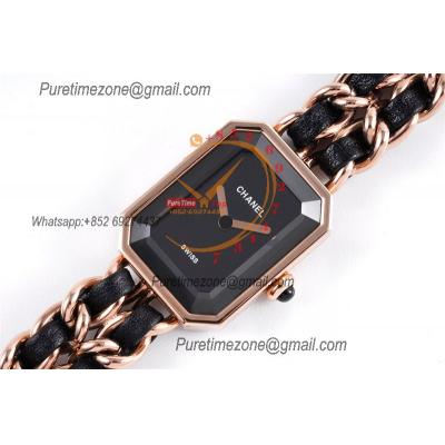 Premiere H0451 Swiss Quartz Womens Watch Best Edition BVF Rose Gold Black Dial Interwoven Leahter Strap Ladies