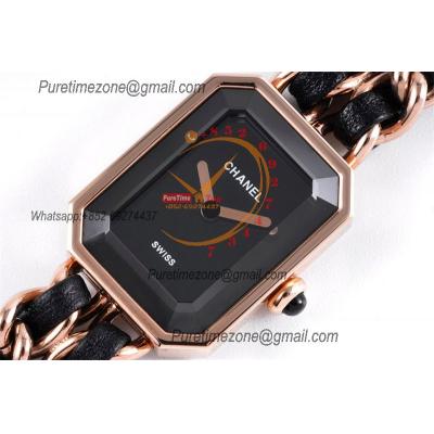 Premiere H0451 Swiss Quartz Womens Watch Best Edition BVF Rose Gold Black Dial Interwoven Leahter Strap Ladies