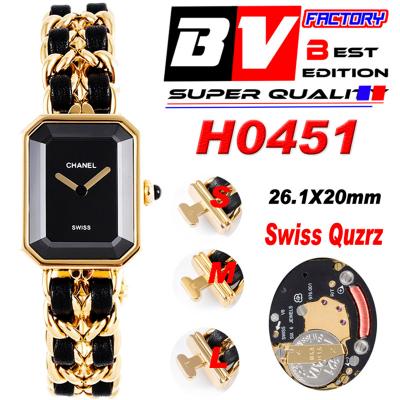 Premiere H0451 Swiss Quartz Womens Watch Best Edition BVF Yellow Gold Black Dial Interwoven Leahter Strap Ladies