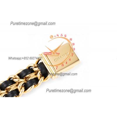 Premiere H0451 Swiss Quartz Womens Watch Best Edition BVF Yellow Gold Black Dial Interwoven Leahter Strap Ladies