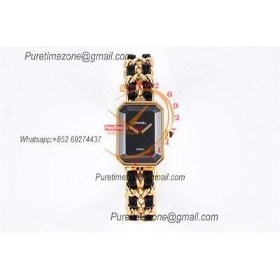 Premiere H0451 Swiss Quartz Womens Watch Best Edition BVF Yellow Gold Black Dial Interwoven Leahter Strap Ladies