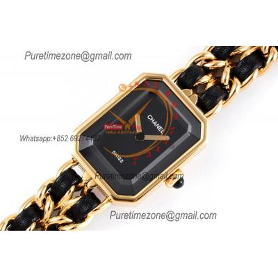 Premiere H0451 Swiss Quartz Womens Watch Best Edition BVF Yellow Gold Black Dial Interwoven Leahter Strap Ladies