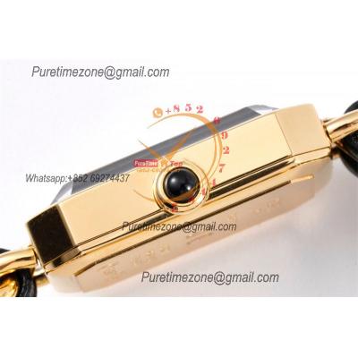 Premiere H0451 Swiss Quartz Womens Watch Best Edition BVF Yellow Gold Black Dial Interwoven Leahter Strap Ladies